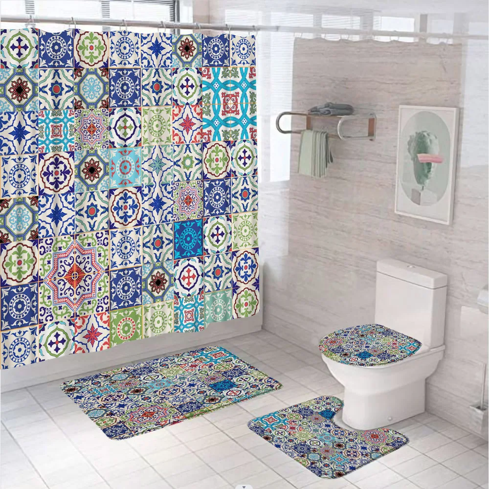 

Bohemian Shower Curtain Sets Mandala Floral Boho Geometric Bathroom Bathtub Decor Fabric Non Slip Bath Mat Rug Toilet Lid Cover