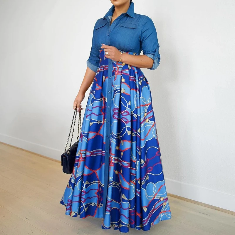 

STYLISH LADY Patchwork Printed Dress 2023 Summer Women Long Sleeve Turn Down Front Button Party OL Long Maxi Dresses