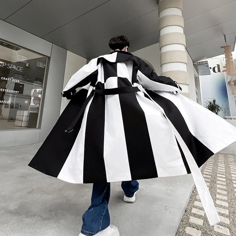 Men's Net Celebrity Streetwear Black White Splice Long Jacket Windbreaker