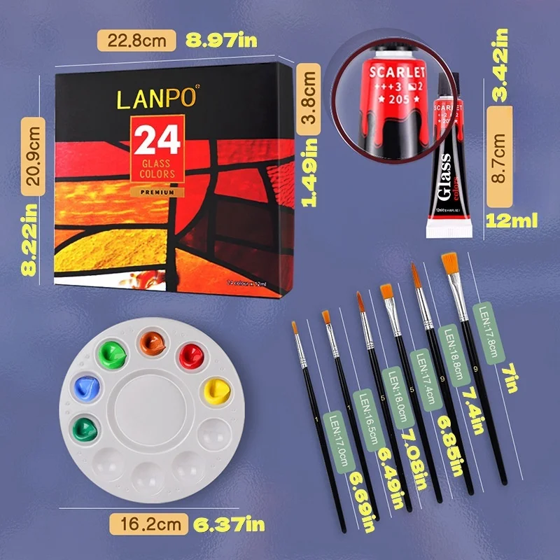 아크릴 안료 아트 용품, 유리 페인팅, 6 펜, 팔레트, 24 색, 12 ml