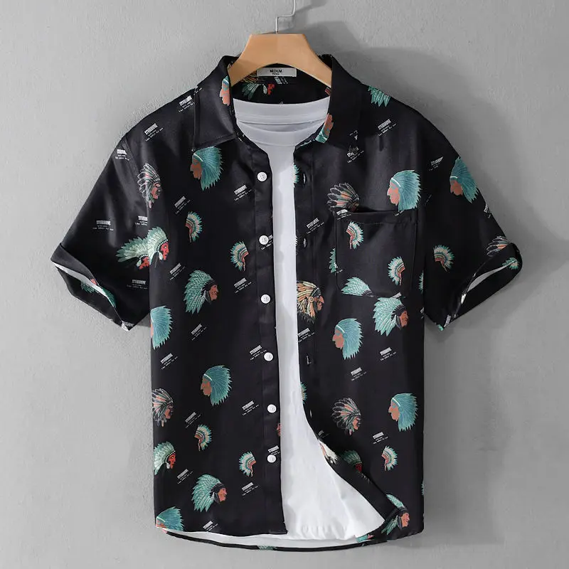 Elegant Fashion Harajuku Slim Fit Ropa Hombre Loose Casual Sport All Match Tops Square Neck Printed Button Short Sleeve Blusa
