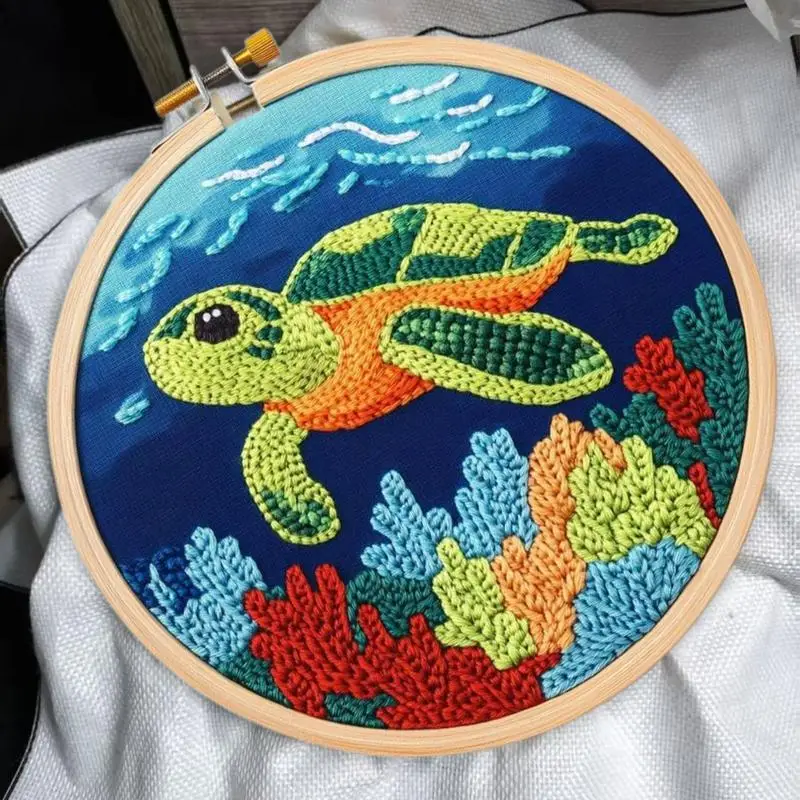 Punch Needle Embroidery Kit Turtle Pattern Punch Embroidery Kit Tool Set With Needle Instruction Fabric Hoop Yarn Crafting