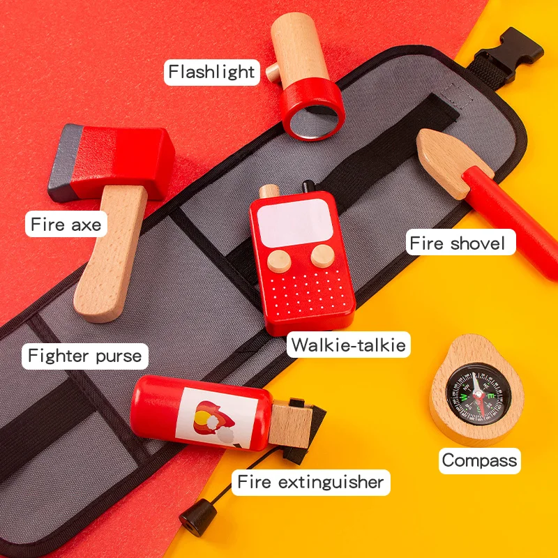 Children's Wooden Firefighter Tool Belt Pretend Play Set - Educational Role Play Toy