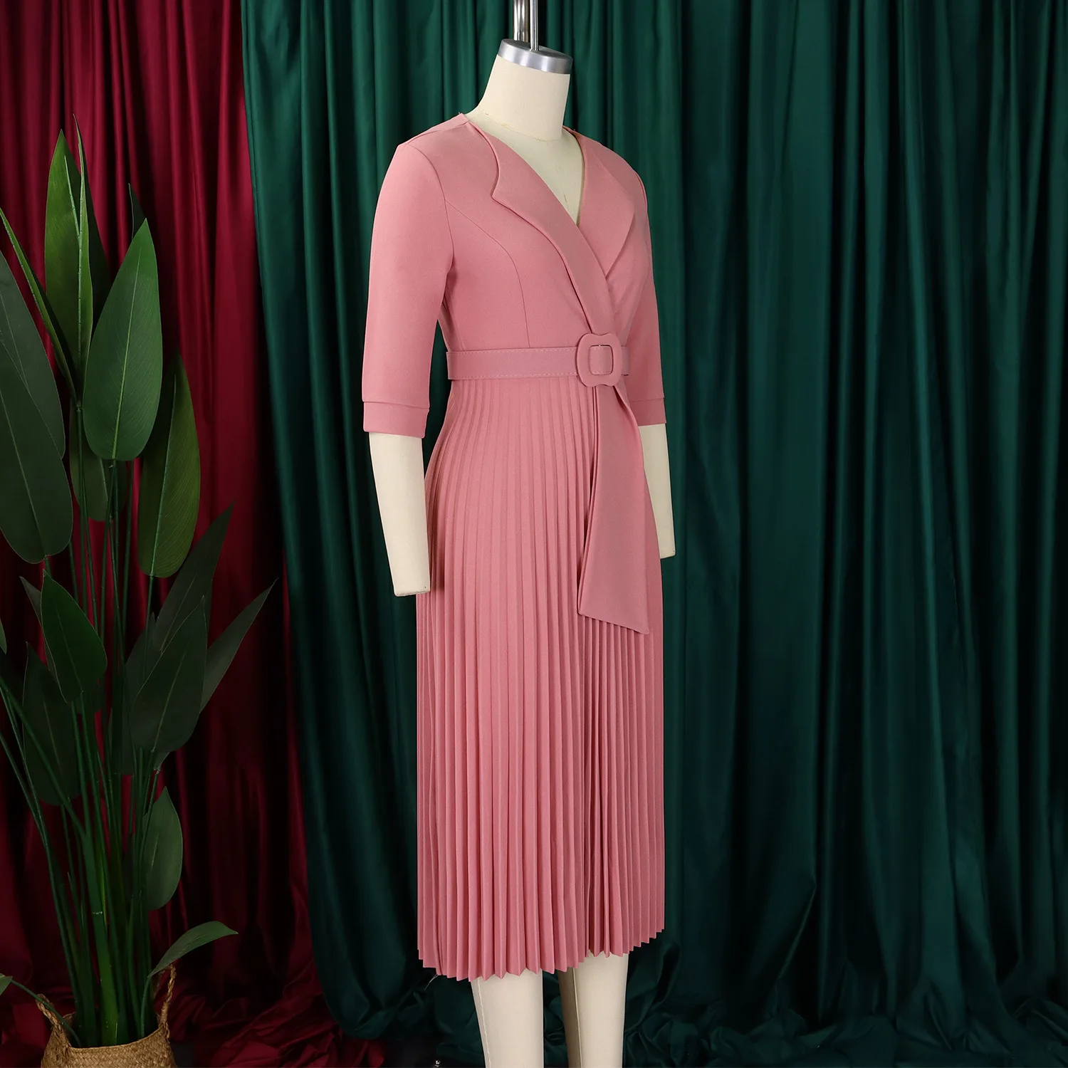 XIOCEAN Elegant Office Dresses Pleated for Woman Notched Collar Half Sleeve Belt Waisted Mid Calf Afircan Business New Robe