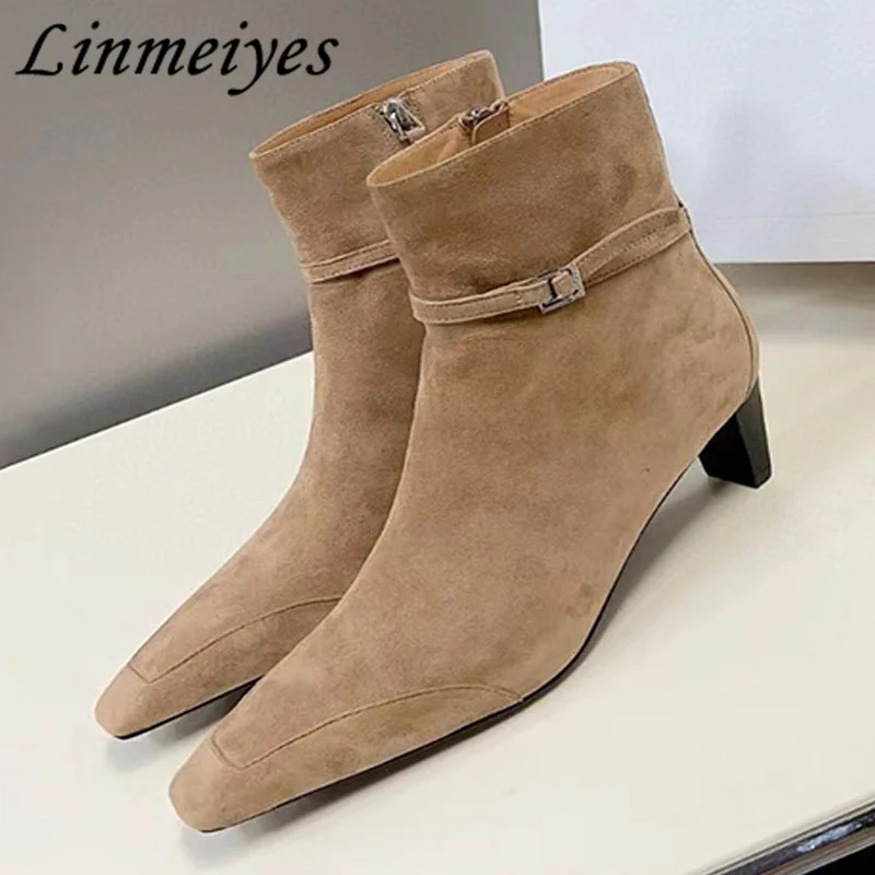 

New Cow Suede Mid Heels Chelsea Boots Women Pointed Toe Zipper Belt Buckle Ankle Boots Female High Quality Knight Boots Woman