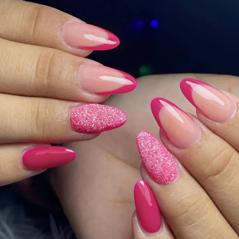 

24Pcs False Nails Long Pink with Jelly Adhesive Glitter Gradient Design Detachable Fake Fingernails Full Cover Press on Nails