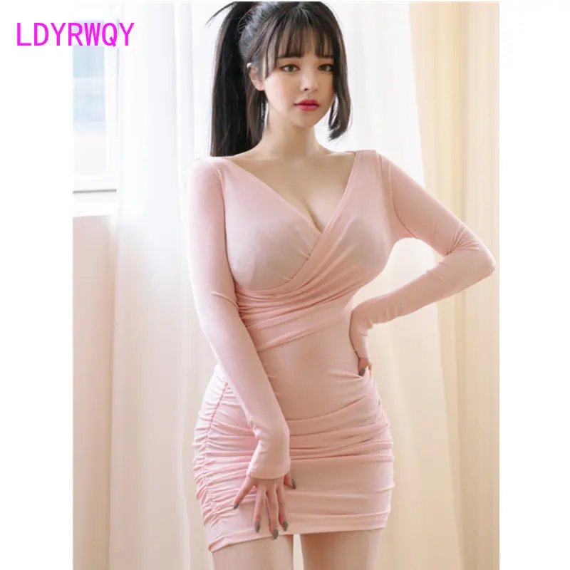 

Autumn and Winter 2022 New V-Neck Thread Waist Wrinkle Long Sleeve Underlay Dress for Women