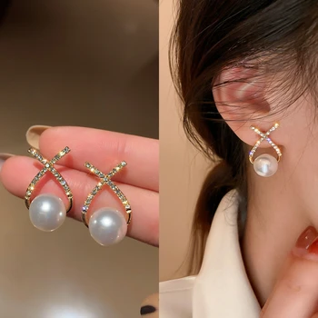 925 Silver Needle Korean Fashion Crystal X Earrings For Women Jewelry 2025 Trending New Luxury Women's Pearl Stud Earrings Gifts