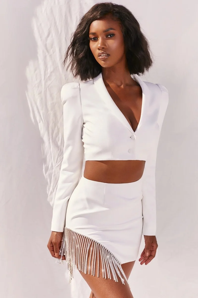 Women Solid Colors Single Breasted Short Blazer Casual Fashion Mini Skirts Set Tassel Diamond Blazer Skirt Suits Two Piece Set