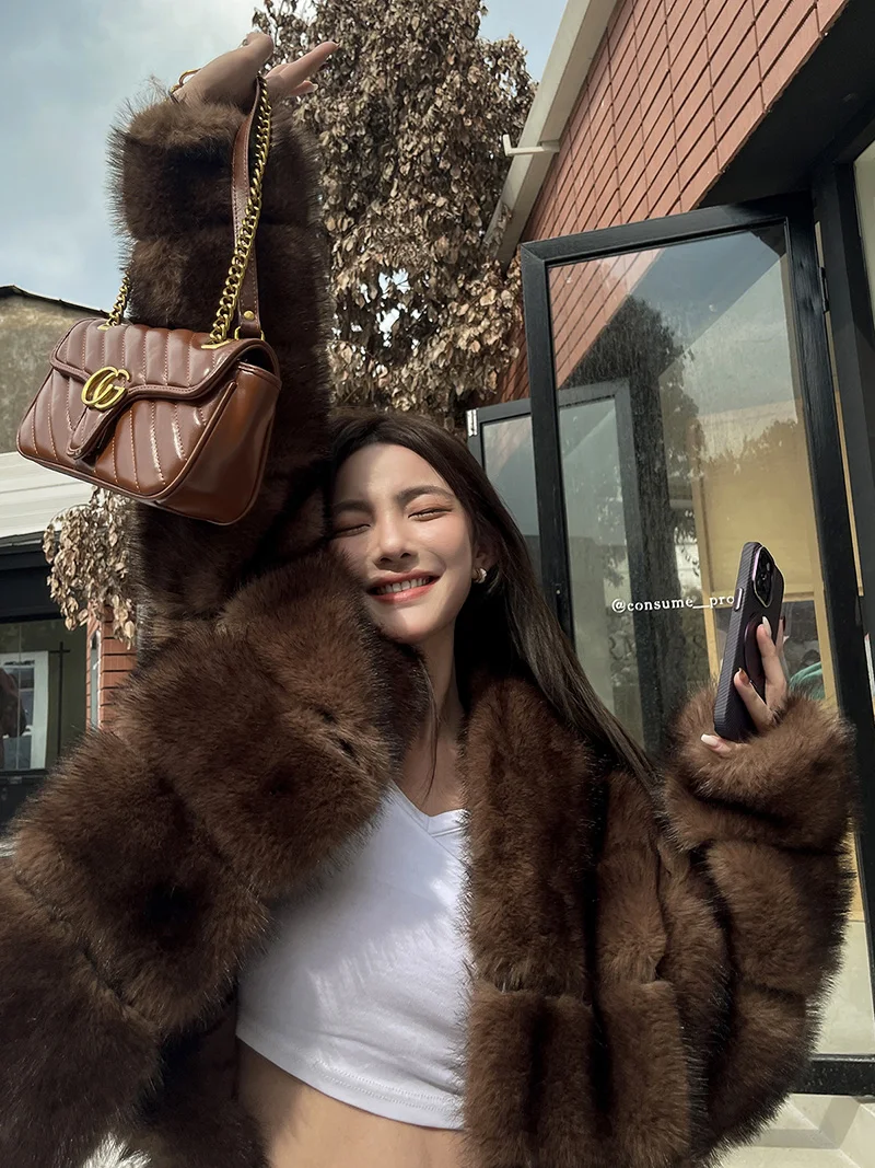 fullfy faux fur short coat【brown】 Faux Mink Fur Coat for Women Short Plush Jacket Warm Furry