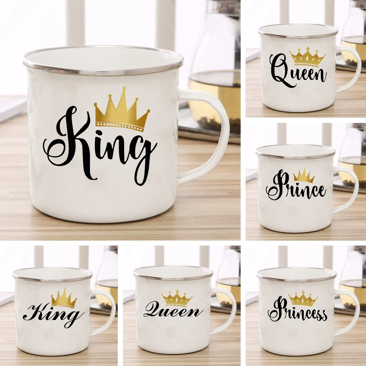 

Funny King Queen Prince Princess Enamel Cup Gold Crown Print Mug Coffee Cup Breakfast Dessert Milk Water Cup Couple Gift