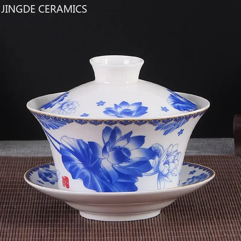 Jingdezhen Ceramic Gaiwan Sancai Tea Bowl Chinese Traditional Pattern Cover Bowl Blue and White Porcelain Tea Set