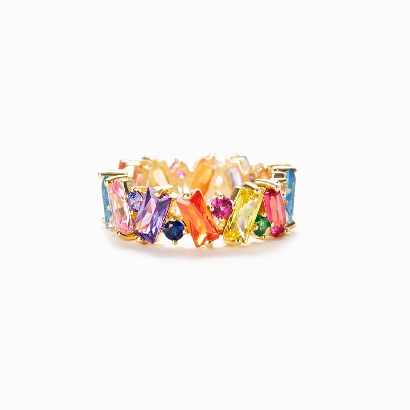 Huitan Irregualr Design Colorful CZ Women Rings Gold Color/Silver Color Geometric CZ Rainbow Rings Luxury Trendy Jewelry