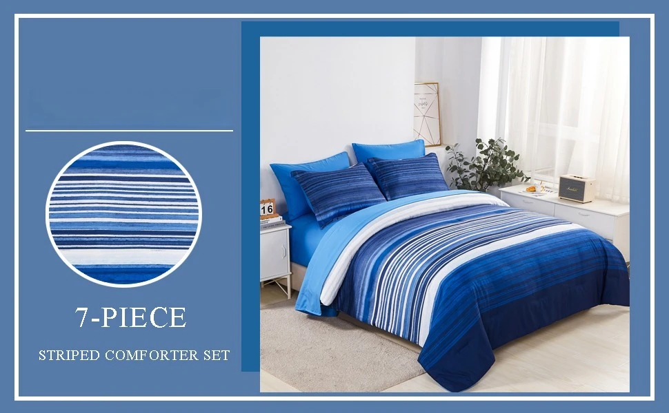 7 Piece White and Blue Patchwork Striped Comforter Set