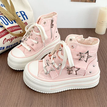 Y2K Pink High-top Canvas Shoes for Women Design Rivet Buckle Lace-up Platform Women's Summer Sports Shoes Fashion Board-shoe 1