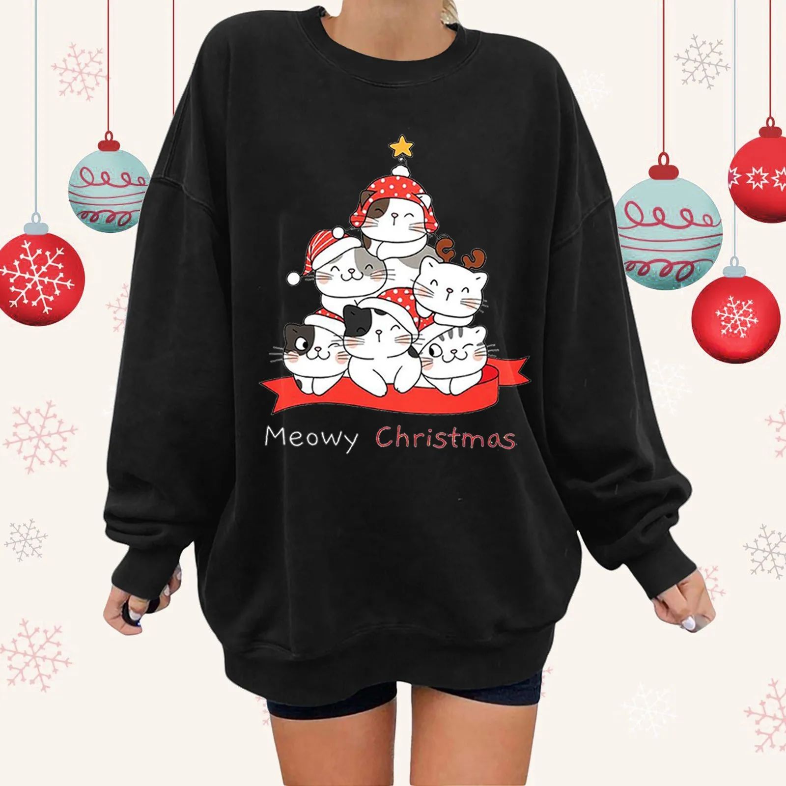

Oversized Crewneck Long Sleeve Christmas Sweatshirt Autumn Winter Plus Fleece Pullovers Tops Animal Cats Letter Print Clothing