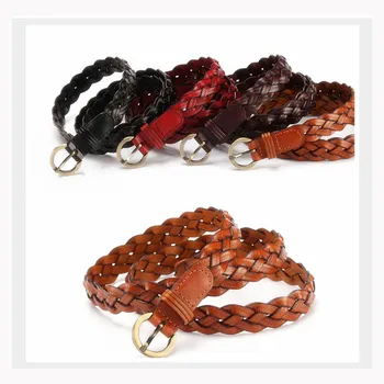 Women Leather Belt Waist Bands with Round Gold Buckle Braided Dress Belt Casual Thin Belt For Student Ladies Clothes Accessories 1