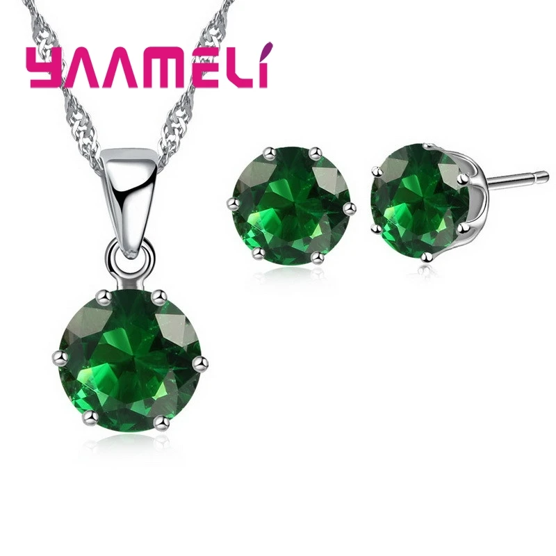 14 Colors 925 Sterling Silver Bridal Wedding Jewelry Sets For Women Engagement Crystal Pendant Necklace Stud Earrings Set 3
