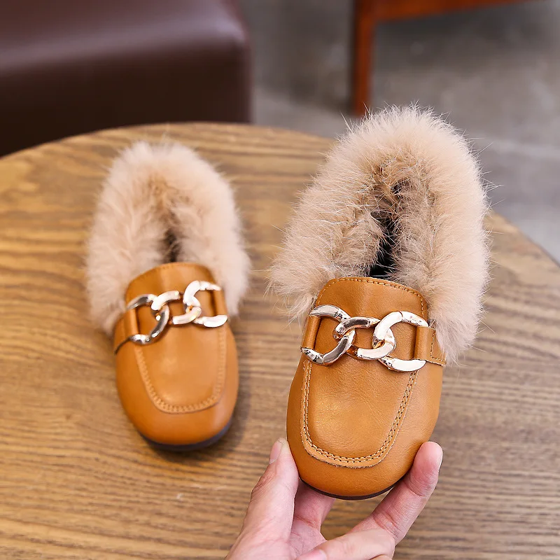 JGSHOWKITO Kids Leather Shoes Autumn Winter Girls Flats With Thick Cotton Warm Children Boy Black Loafers Fashion Hairy Fur