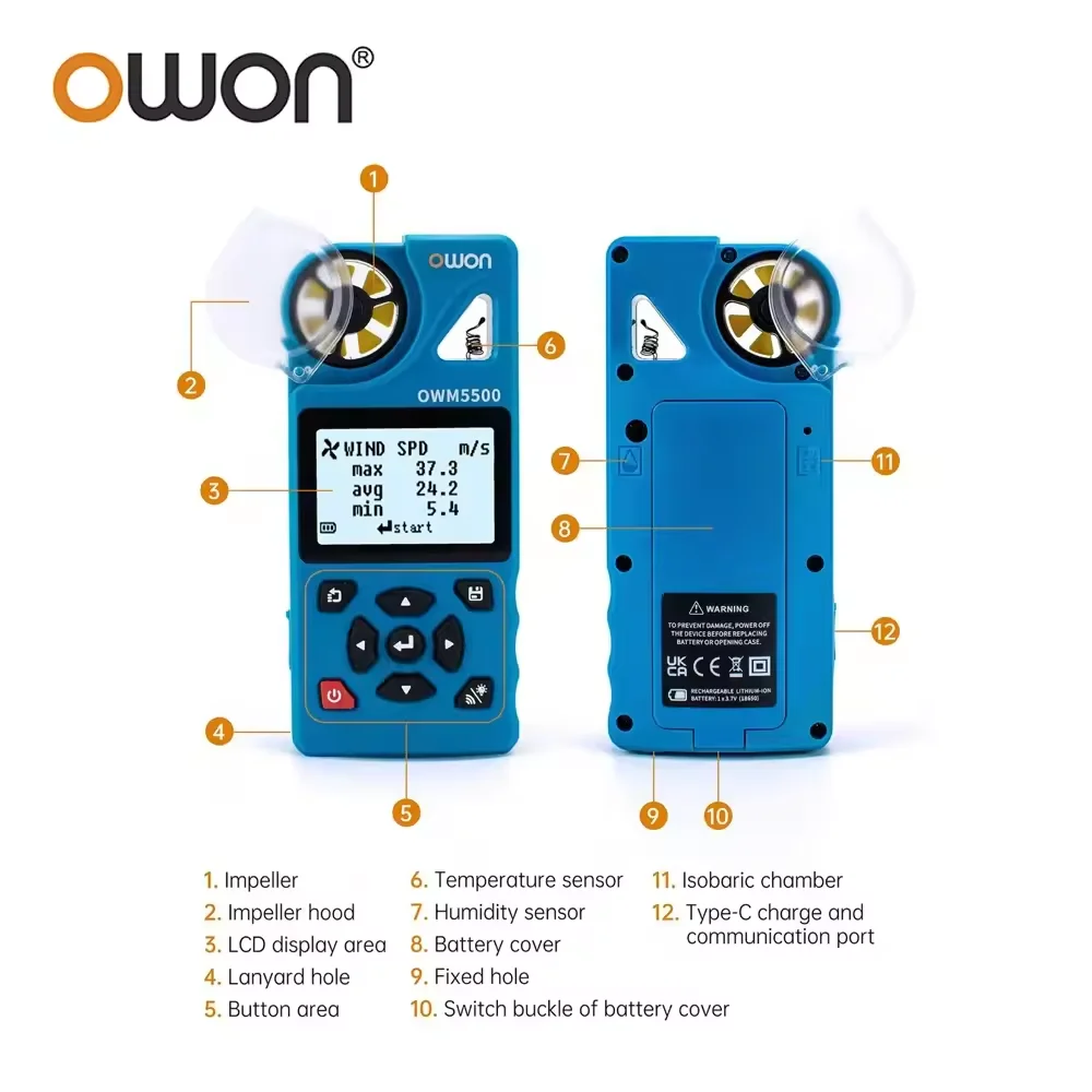 OWON OWM5500 디지털 풍속계, 8000 Aata 메모리, 7가지 측정 모드, 온도 및 습도 APP 원격 제어 기능을 갖춘 7-in-1 제품