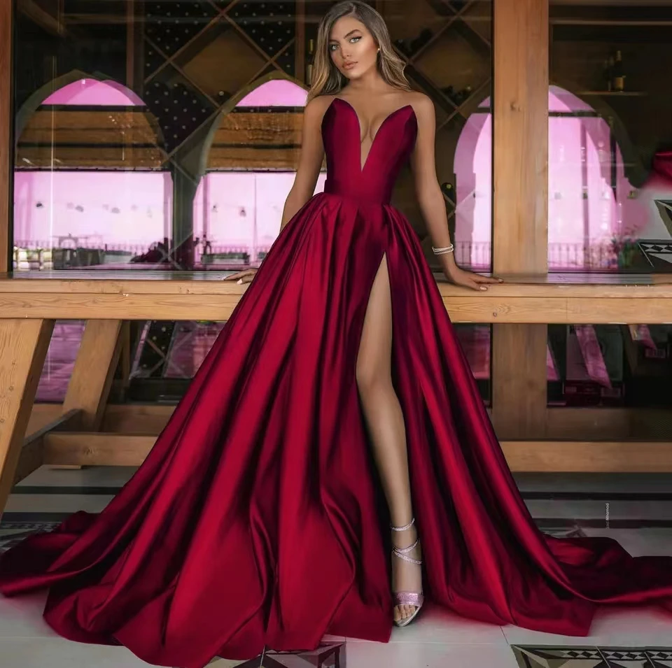 

Burgundy Sexy V Neck Satin Weeding Evening Dress Long Party Weeding Bridesmaids Dress High Slit Simple Women prom Dresses