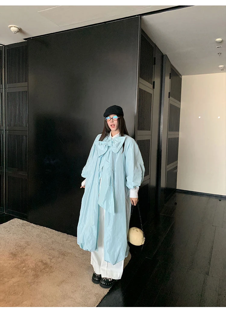 Lautaro Spring Autumn Long Cute Sweet Thin Blue Trench Coat for Women Bow Lantern Sleeve Loose Casual Chic Fashion Overcoat 2026