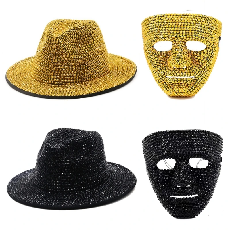 

Rhinestones Panama Hat & Mask Costume Set Western Cowboy Hat for Cosplay Party Stage Performances Props Accessories Dropship