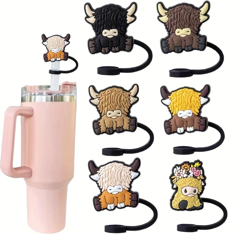 Set of 6 Unique Cartoon Straw Stopper Adorment Colorful Plastic Straw Lid Cow Shaped Plug Drinkware Accessorys