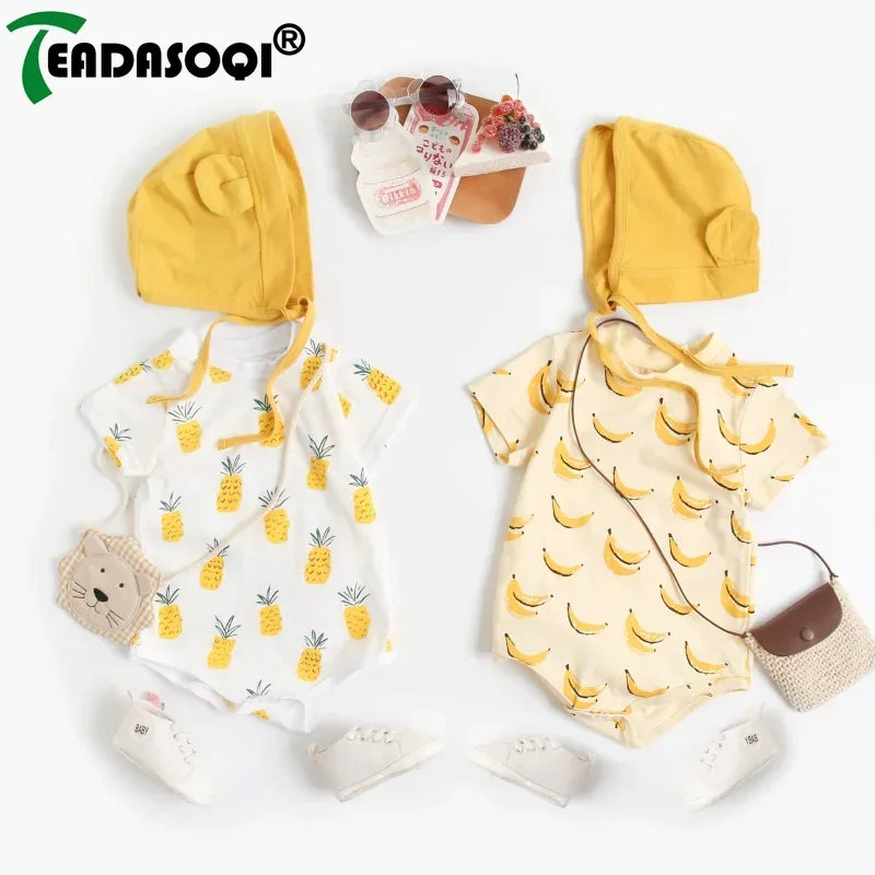 

0-3Y Baby Bodysuit Clothes Jumpsuit Outfit Kids Girls Boys 2Pcs Set Banana Pineapple Print Romper Tops With Hat Costume Suit