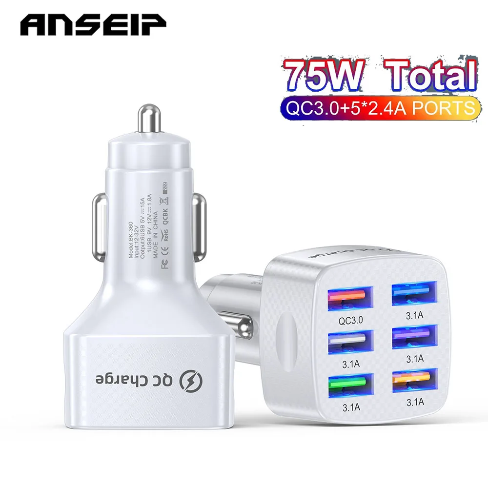 

ANSEIP 75W Car Charger 6 Ports Fast Charging 15A QC3.0 Type C LED Car Quick Charger For iPhone Xiaomi Huawei Samsung Car Adapter