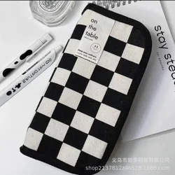 Black and White Checkerboard Large Capacity Canvas Pencil Case (Black)