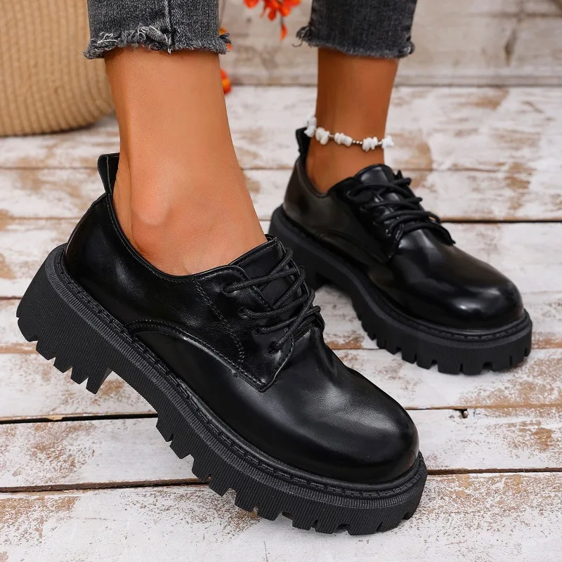 British Style Platform Loafers Women 2025 Plus Size Round Toe Single Shoes Woman Thick Bottom Pu Leather Oxfords Zapatos Mujer