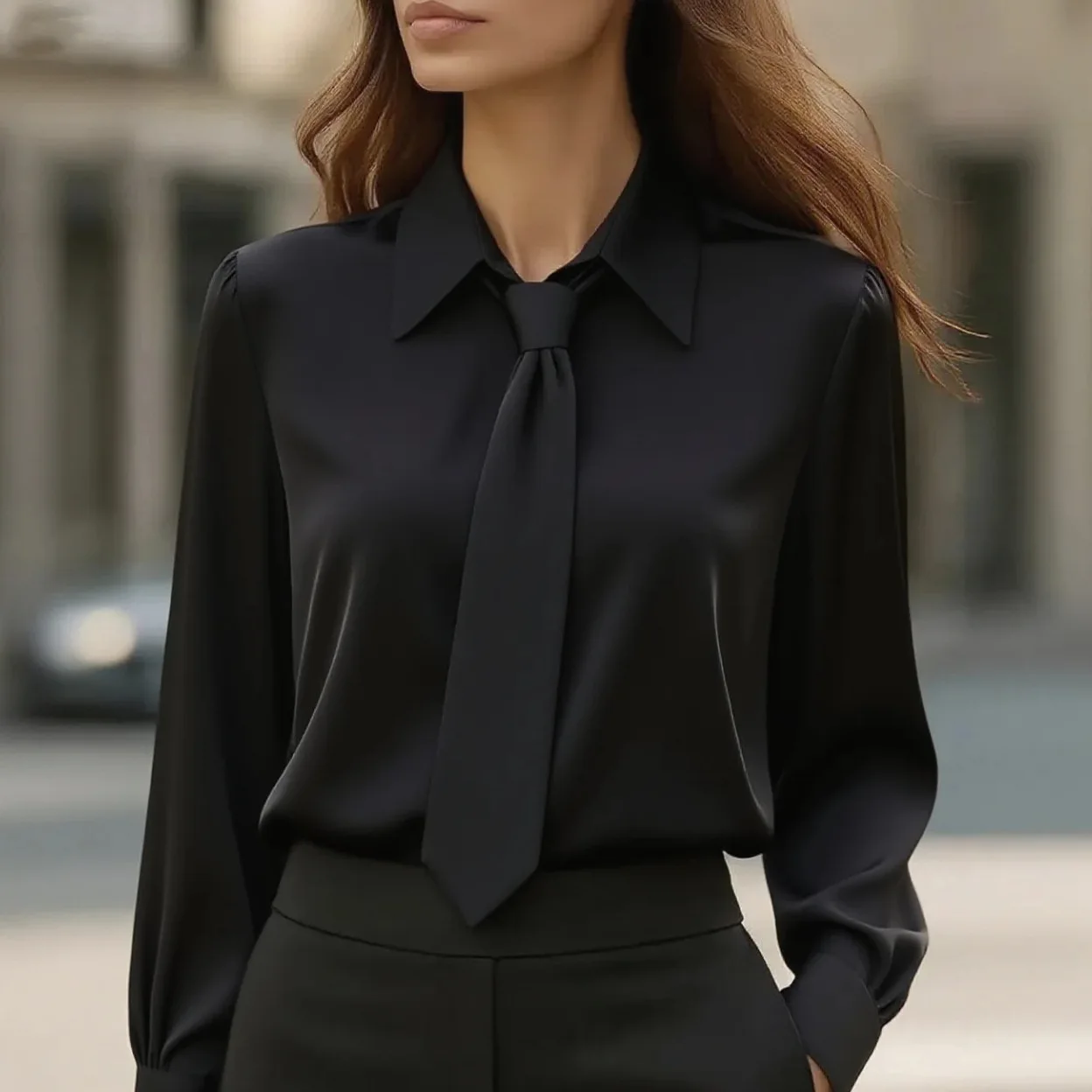 Women Black White Long Sleeve Solid Blouse Shirt for Spring Summer Workwear