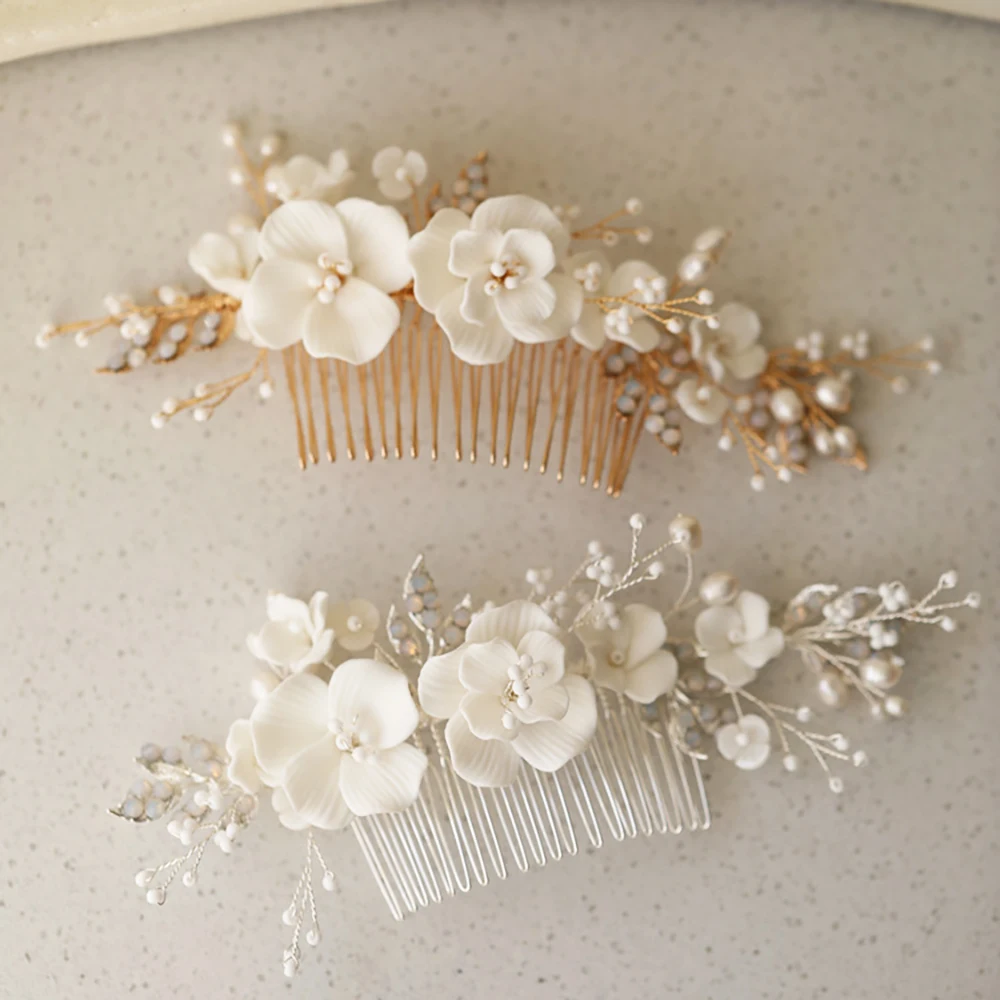 

Handmade Alloy Leaf Rhinestone Ceram Flower Freshwater Pearls Bridal Hair Comb Wedding Hair Accessories Women Jewelry