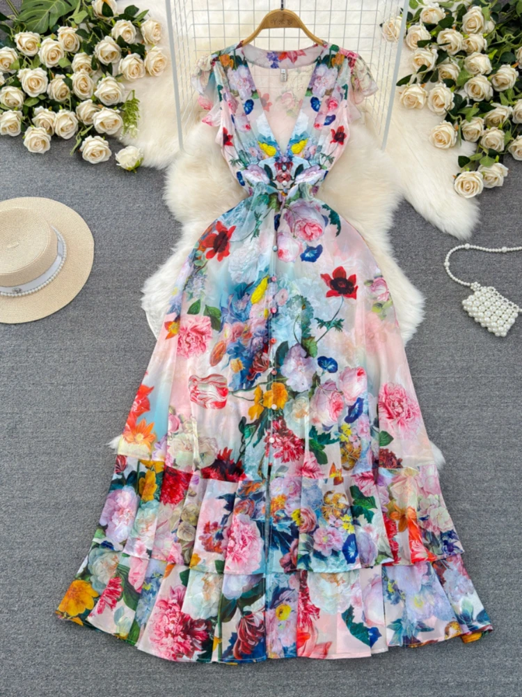 

Women Elegant Long Dress Summer Flying Sleeves Sexy V-neck Single Breasted A-line Ruffle Printed Party Dresses Vintage Long Robe
