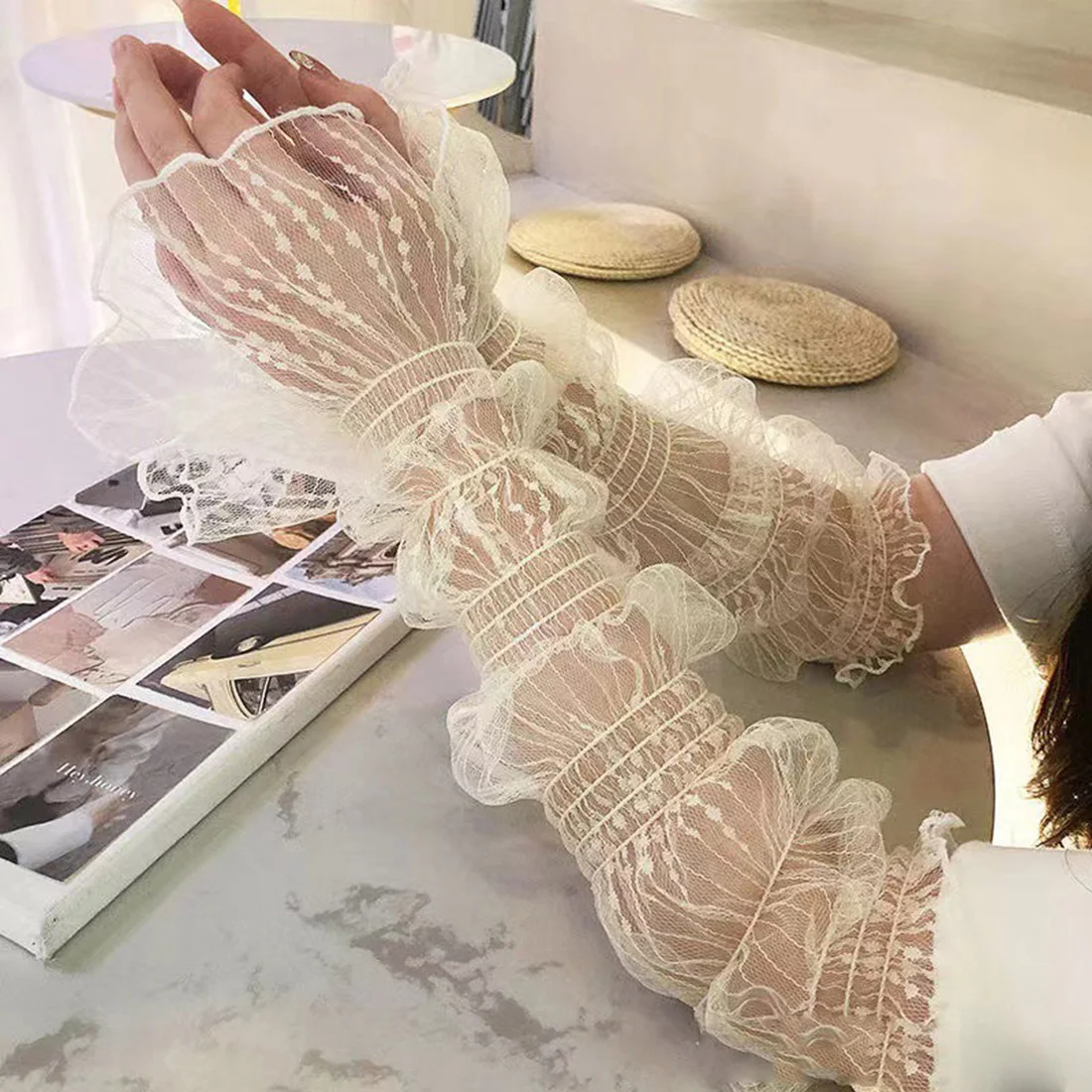 

Женские летние солнцезащитные рукава в горошек, кружевные ультрафиолетовые тонкие дышащие нарукавники, рукава без пальцев для езды на велосипеде и вождения