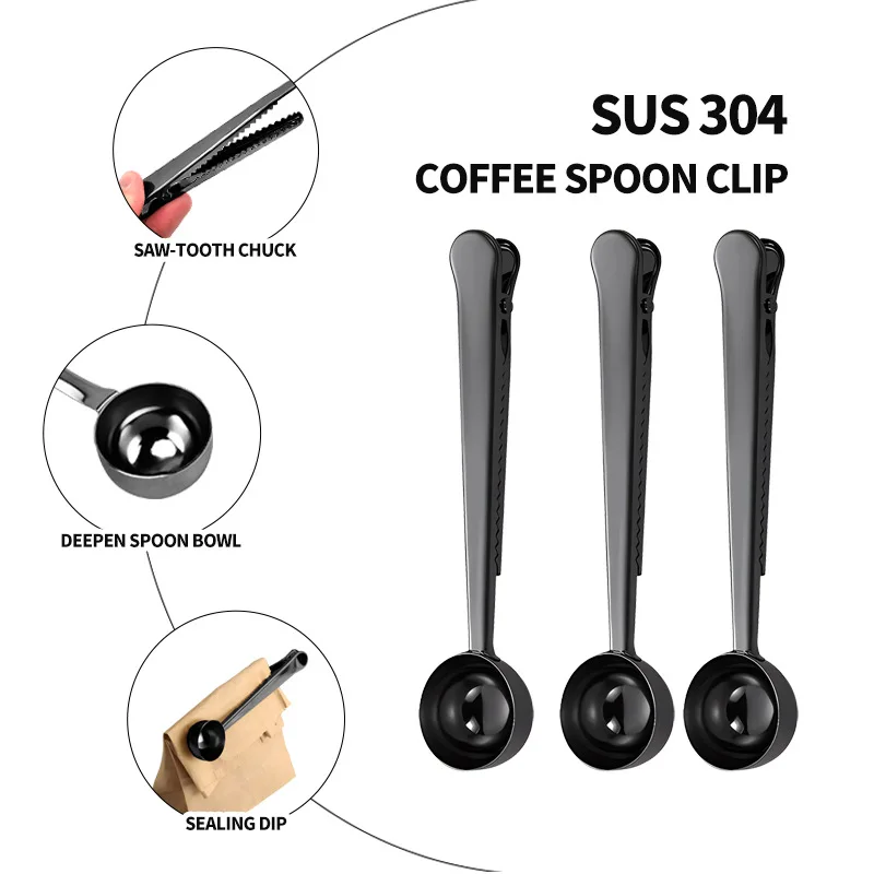 Two-in-one Stainless Steel Coffee Spoon Seal Clip Kitchen Coffee Scoop Food Seal Clip Multi-function Coffee Bean Measuring Spoon