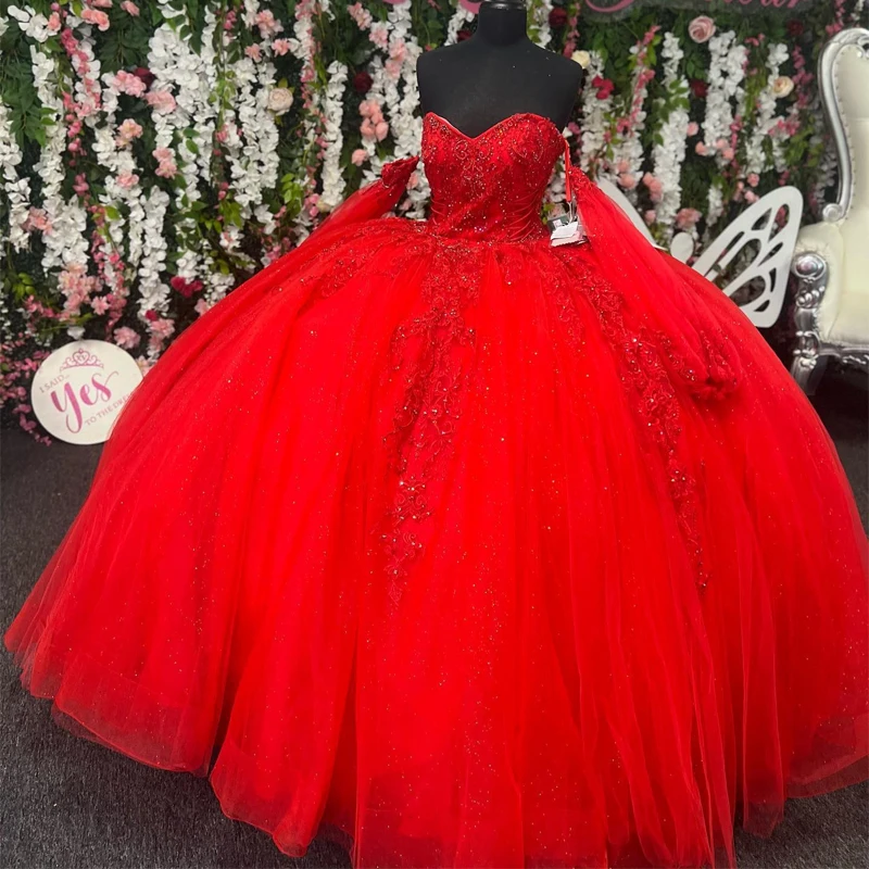 

Red Sweetheart Quinceanera Dresses Corset Ball Gown Beaded Applique Lace Prom Birthday Gowns Princess Sweet 15 16 Dress Vestidos