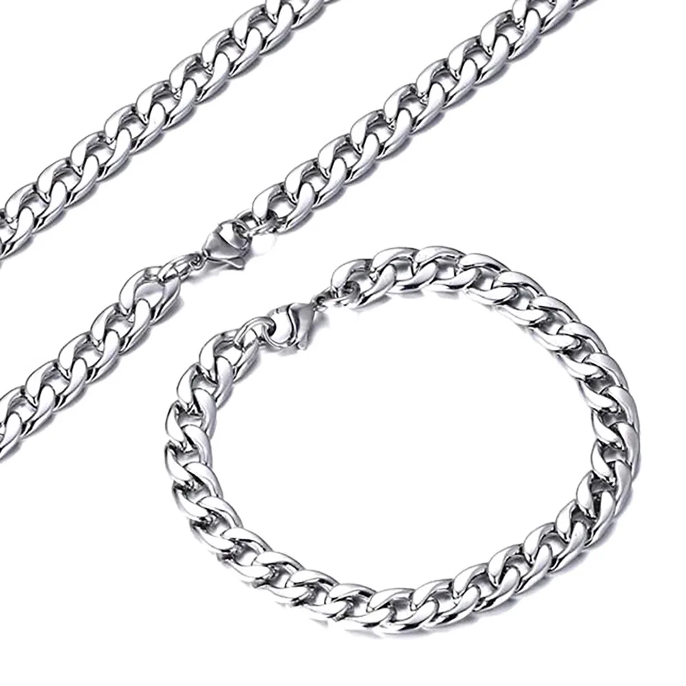 DOREMI 15mm Cuban Chains Jewelry Set Mens Bracelet Necklace Steel Color Stainless Steel Hip Hop Men Street Chain Jewelry Set