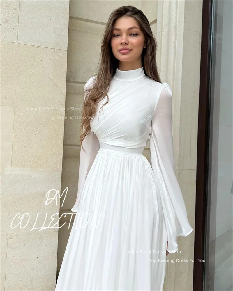 Xijun White Short Chiffon Prom Dresses Long Sleevess Prom