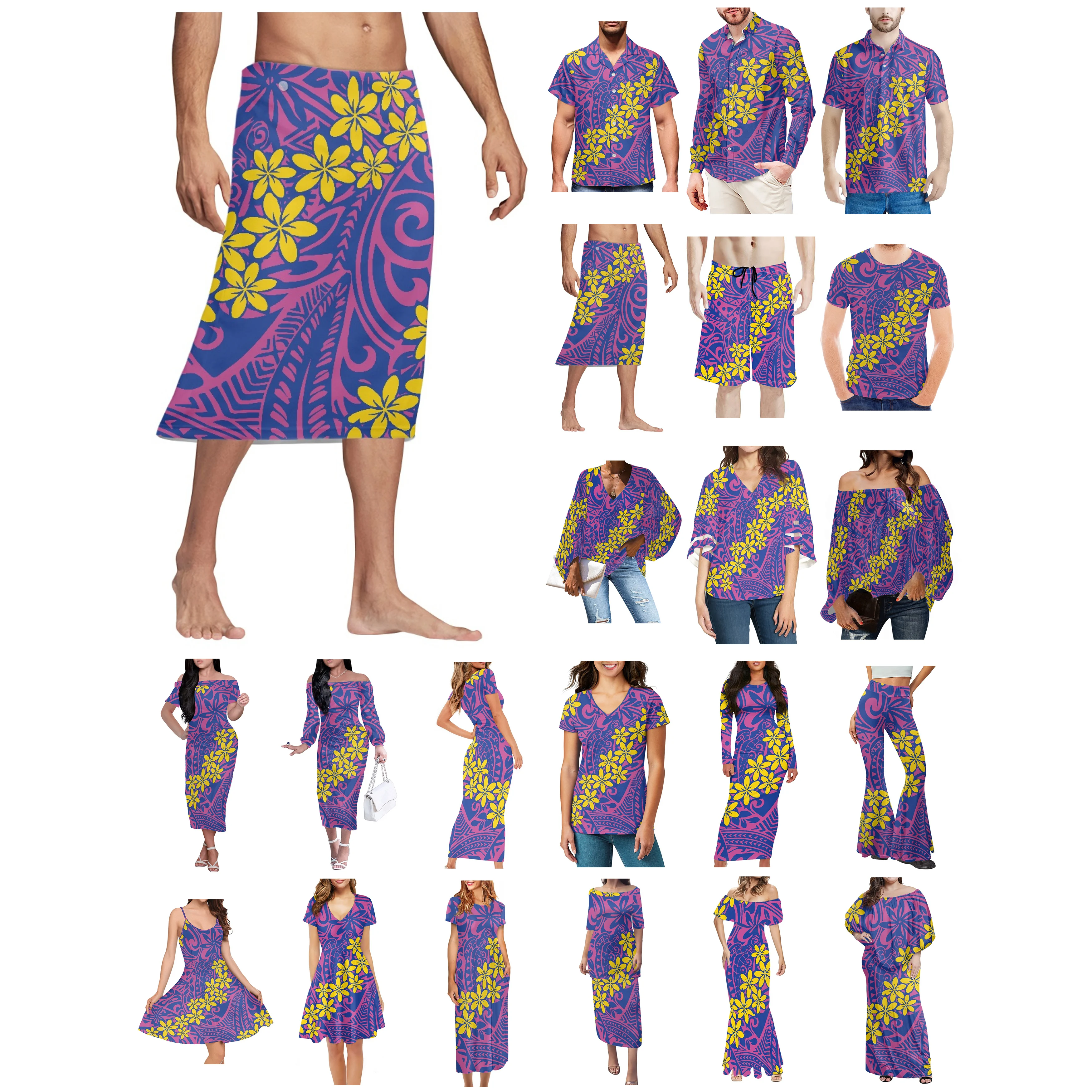 

Polynesian Tonga Hawaii Fiji Guam Samoa Pohnpei Tribal Tattoo Prints Clothe Women Dress Matching Men Shirt Plumeria Lover Clothe