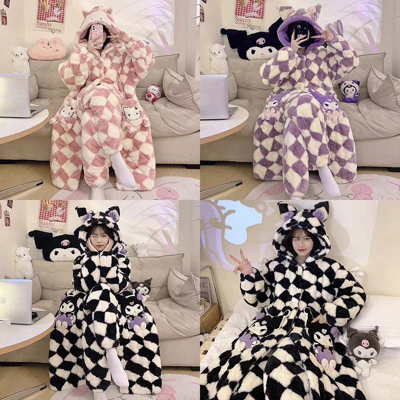 

Sanrios Hello Kittys Kuromi Коралловая флисовая Домашняя одежда комплект из 2 предметов Женский мягкий плюшевый Пижамный костюм Кардиган Топы свободные брюки одежда для сна