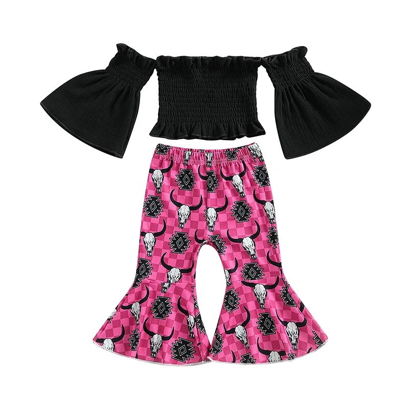 

SUNSIOM Toddler Girls Clothes Flare Sleeve Off Shoulder Tops Long Cow Print Bell-Bottoms Pants 2PCS Summer Casual Outfits