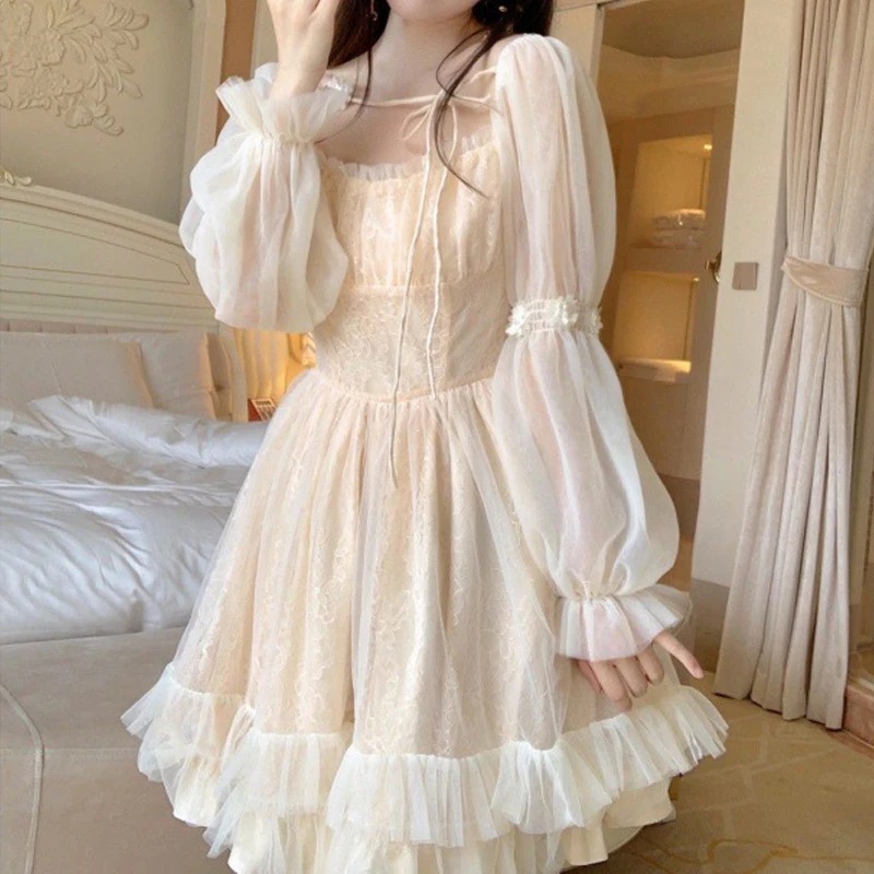 

Sweet Puff Long Sleeve Princess Dress Vintage Square Collar A-line Ruffle Mesh Dress Elegant Bow Hollow Lace Dress Vestido 28498