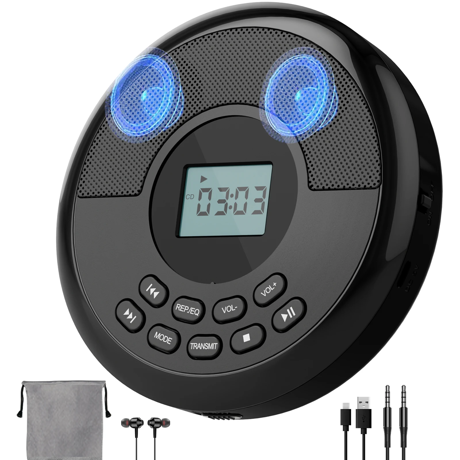 Portable cd walkman with bluetooth transimitting cd player portable with speakers and earbuds discman rechargeable with USB