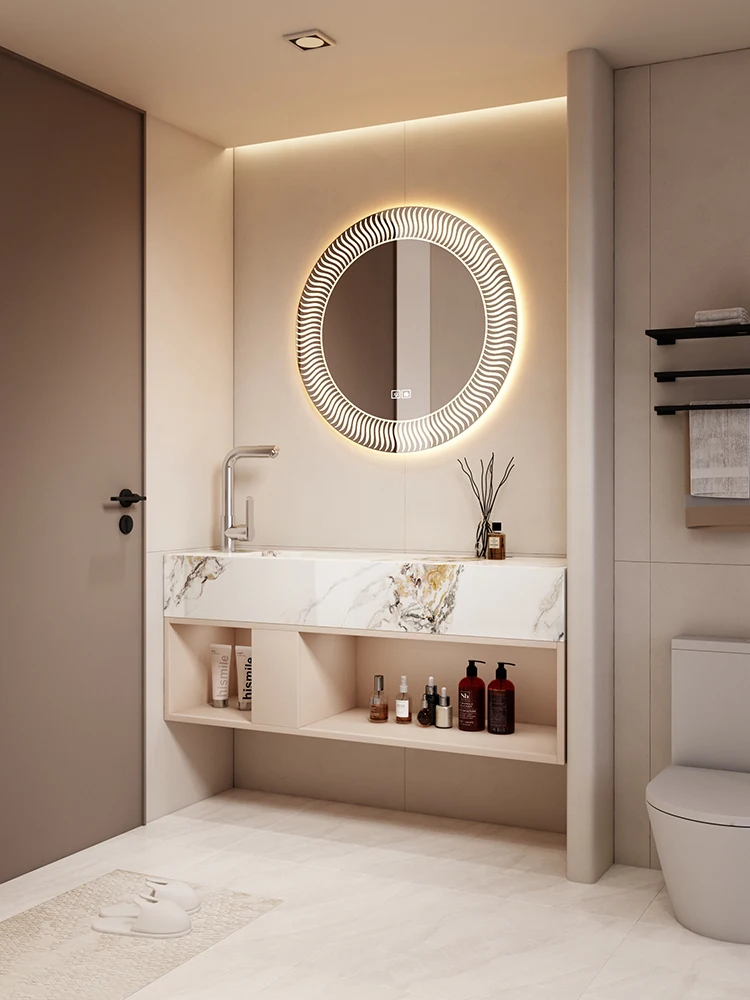 

Small unit rock slab countertop, hand wash basin combination, intelligent round mirror bathroom cabinet