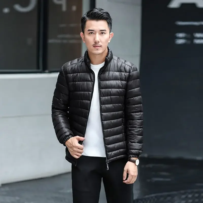남성용 코튼 패딩 재킷, 경량 다운 코튼 코트, 크롭 스탠드 칼라 후드, 캐주얼 씬 정사이즈 타입, 겨울