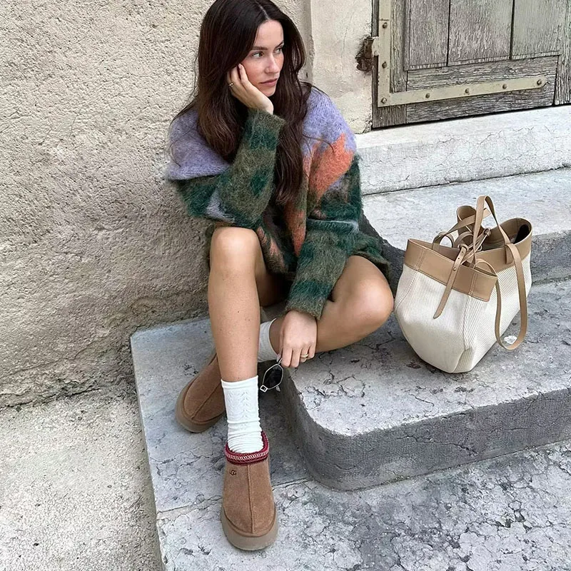 

ZATRHMBM Women 2023 Autumn New Fashion Landscape Pattern Knitted Sweater Vintage V-Neck Long Sleeves Female Pullover Chic Top