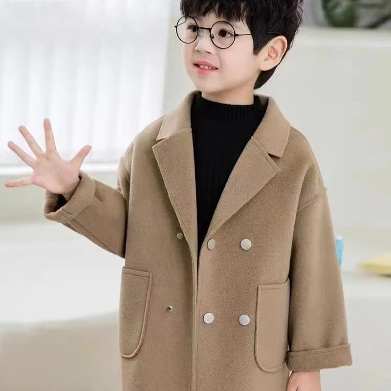 Winter Boys Long Fashion Cotton Woolen Coat Baby Kids Korean Thick Single-breasted 2Pcs Outwear Children Warm Gentleman Jacket
