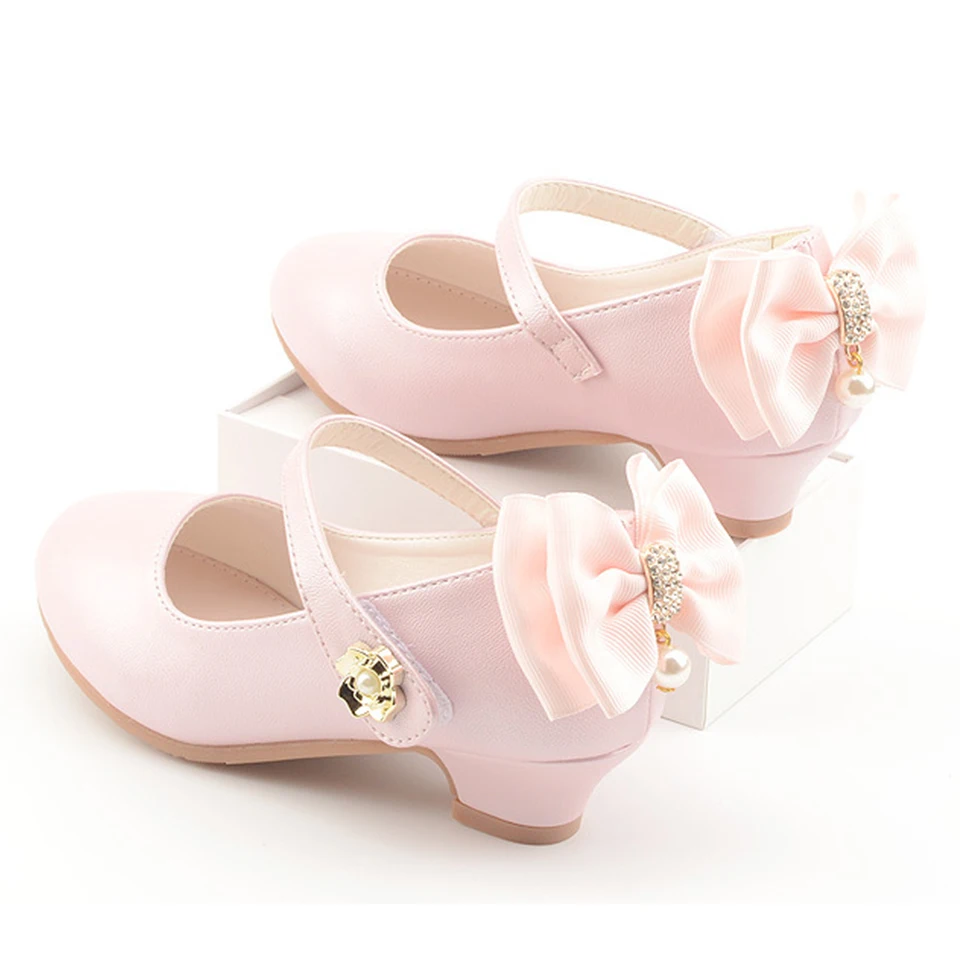 Formal Occasion Children's Black White Pink High Heels Luxury Leather Shoes Pageant Girls Wedding Bridesmaid Elegant Party Shoe 6